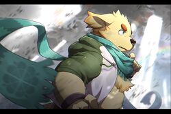  1boy animal_ears animal_nose belly blue_eyes blurry blurry_foreground body_fur cu_sith_(housamo) dog_boy dog_ears furry furry_male green_jacket green_scarf grey_background highres hood hooded_jacket jacket letterboxed male_focus multicolored_clothes multicolored_jacket oerba_yun_fang plump ponzu_tas scarf serious short_hair snout solo tearing_up thick_eyebrows tokyo_afterschool_summoners two-tone_jacket white_jacket yellow_fur 