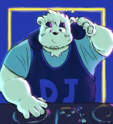  2022 anthro bear biped black_nose clothing disc_jockey electronics headphones humanoid_hands kemono male mammal overweight overweight_male polar_bear sakisukem shirt solo text text_on_clothing text_on_shirt text_on_topwear topwear ursine white_body 