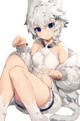  :3 akizone alchemy_stars animal_ears bare_shoulders blue_eyes blush breasts cat_tail collarbone commentary feet_out_of_frame female grey_hair grey_jacket highres jacket knees_up long_sleeves looking_at_viewer medium_breasts navel paw_pose philyshy_(alchemy_stars) philyshy_(sweet_dreams)_(alchemy_stars) puffy_long_sleeves puffy_sleeves shiny_skin short_hair simple_background smile solo tail thighhighs white_background 