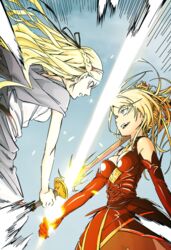  2girls action attack bare_shoulders battle blonde_hair blue_eyes breasts carissa cleavage colorized commentary crown curtana day dress duel elbow_gloves energy energy_sword from_below from_side gazing_eye gloves glowing glowing_sword glowing_weapon haimura_kiyotaka highres holding holding_sword holding_weapon long_hair looking_at_another magic maiden_of_versailles medium_breasts mini_crown multiple_girls novel_illustration official_art open_mouth outdoors princess red_dress red_gloves shiny_clothes smile standing sword teeth toaru_majutsu_no_index toaru_majutsu_no_index:_old_testament unsheathed upper_body upper_teeth_only weapon 