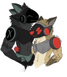  anthro canid canine digital_media_(artwork) duo fur hi_res hyena johmn machine male male/male mammal oliemyman protogen red_eyes screen screen_face simple_background smile spots spotted_hyena 