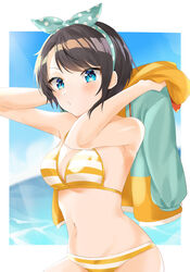  absurdres asymmetrical_bangs bad_id bad_pixiv_id bikini black_hair blue_eyes blush breasts cleavage commentary cowboy_shot day female hairband highres holding holding_clothes holding_jacket hololive hood hooded_jacket jacket looking_at_viewer medium_breasts midriff moonbell navel ocean oozora_subaru oozora_subaru_(hololive_summer_2019) orange_bikini outdoors parted_bangs polka_dot puckered_lips short_hair solo striped_bikini striped_clothes swept_bangs swimsuit unworn_jacket virtual_youtuber 