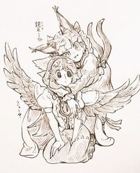  2girls :t animal_ears bird_wings braid cape cheek_press feathered_wings hug kaenbyou_rin looking_at_viewer menotama monochrome multiple_girls nekomata reiuji_utsuho seiza sitting tail touhou twin_braids wings yuri 