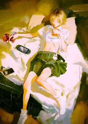  bed black_cat black_hair blanket blonde_hair bow bowtie bra cellphone cellphone_charm charm_(object) commentary english_commentary feet_out_of_frame feline female flat_chest game_console genderswap_(mtf) green_skirt haikyuu!! hair_between_eyes hair_over_one_eye hair_strand holding holding_bow_(ornament) huangdanlan indoors kozume_kenma leg_up looking_away looking_down lying midriff miniskirt no_shoes on_back on_bed open_clothes open_shirt open_skirt outstretched_arm panties phone pillow pleated_skirt print_bra red_bow red_bowtie ribs rule_63 school_uniform shirt shirt_hold short_hair short_sleeves skinny skirt socks solo underwear unworn_bowtie white_bra white_panties white_shirt 