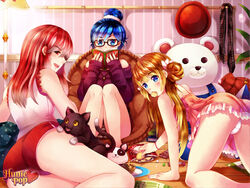  accurate_art_style ass audrey_belrose blonde_hair blue_eyes blue_hair candy eyeglasses female female_only gamer_girl girls_night glasses huniepop multiple_females nikki_ann-marie panties panty_shot red_eyes red_hair slave_handles sleepover tiffany_maye 