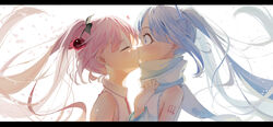  200f_(nifu) 2girls absurdres bare_shoulders blue_eyes blue_hair blush cherry_hair_ornament closed_eyes collared_shirt commentary detached_sleeves dual_persona floating_hair food-themed_hair_ornament from_side hair_ornament hand_up hatsune_miku highres kissing letterboxed light_blush long_hair long_sleeves multiple_girls necktie number_tattoo petals pink_hair pink_necktie profile sakura_miku scarf selfcest shirt shoulder_tattoo simple_background sleeveless sleeveless_shirt snowing surprise_kiss surprised tattoo twintails upper_body very_long_hair vocaloid white_background white_scarf white_shirt wide-eyed yuki_miku yuki_miku_(2011) yuri 