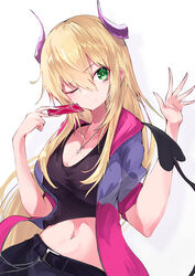  ;) absurdres belt between_fingers black_belt black_shirt black_skirt black_tail blonde_hair breasts bright_pupils card cleavage closed_mouth collarbone commission cowboy_shot crop_top demon_tail female gradient_background green_eyes grey_background hair_between_eyes hands_up highres holding holding_card horns jacket large_breasts light_blush long_hair midriff multicolored_clothes multicolored_jacket navel one_eye_closed original pink_jacket purple_horns purple_jacket shirt sidelocks skeb_commission skirt sleeves_pushed_up smile solo spade_(shape) tail two-tone_jacket very_long_hair waving white_background white_pupils yonagi_white 