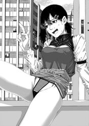  absurdres building chainsaw_man city clothes_lift day female hair_ornament hairclip hand_up higashiyama_kobeni highleg highleg_panties highres koto_(artist) long_sleeves medium_hair monochrome open_mouth outdoors panties shirt short_ponytail side_ponytail single_sidelock sitting skirt skirt_lift solo sweat tearing_up underwear v 