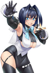  absurdres black_gloves blue_eyes blue_hair bow bow_earrings breasts chains clothing_cutout cross detached_sleeves earrings female gloves hair_intakes highres ho2nium hololive hololive_english jewelry large_breasts looking_at_viewer meme ouro_kronii photo-referenced short_hair simple_background skirt virtual_youtuber white_background 