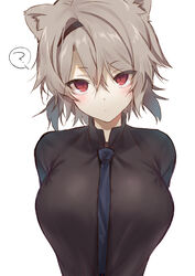  ? absinthe_(arknights) animal_ears arknights bear_ears black_shirt blue_necktie blush breasts female grey_hair highres kiyu_rei large_breasts looking_at_viewer necktie red_eyes shirt short_hair simple_background solo spoken_question_mark upper_body white_background 