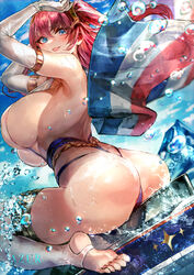  ass azur_lane bad_id bad_pixiv_id bare_shoulders blue_eyes blue_sky blush breasts elbow_gloves feet female france french_flag gloves hair_ornament highleg highleg_swimsuit highres large_breasts long_hair looking_at_viewer one_side_up open_mouth pink_hair sideboob signo_aaa sitting sky smile soles solo surcouf_(azur_lane) swimsuit thighhighs toeless_legwear wariza water white_gloves white_thighhighs 