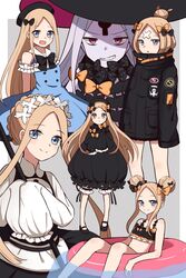  6+girls abigail_williams_(animejapan_2018)_(fate) abigail_williams_(emerald_float)_(fate) abigail_williams_(fate) abigail_williams_(festival_outfit)_(fate) abigail_williams_(third_ascension)_(fate) abigail_williams_(traveling_outfit)_(fate) bikini black_bikini black_bow black_dress black_footwear black_headwear black_jacket blonde_hair bloomers blue_dress blue_eyes bow closed_mouth commentary_request double_bun dress fate/grand_order fate_(series) forehead grey_background grin hair_bun hairbow hat highres innertube jacket long_sleeves moyashi_(momoyashi_321) multiple_girls multiple_hair_bows orange_bow pale_skin parted_lips polka_dot polka_dot_bow puffy_long_sleeves puffy_sleeves purple_eyes revealing_clothes shoes sleeveless sleeveless_dress sleeves_past_fingers sleeves_past_wrists smile swim_ring swimsuit two-tone_background underwear white_background white_bloomers white_dress witch_hat 