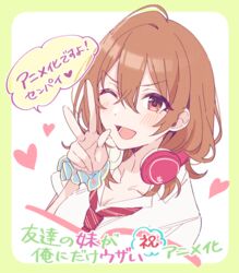  ;d announcement_celebration blush brown_hair commentary congratulations female hair_between_eyes headphones headphones_around_neck kohinata_iroha_(imouuzai) long_hair looking_at_viewer necktie one_eye_closed open_mouth school_uniform shirt simple_background smile solo tomari_(veryberry00) tomodachi_no_imouto_ga_ore_ni_dake_uzai w white_background white_shirt 