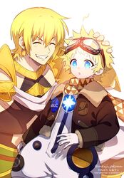  2boys alternate_costume ancient_greek_clothes baggy_clothes blonde_hair blue_eyes bright_pupils closed_eyes earrings fate/grand_order fate/requiem fate_(series) gloves glowing goggles goggles_on_head gradient_hair greco-roman_clothes grin hand_on_head headpat jason_(fate) jewelry light long_sleeves male_focus meiji_ken multicolored_hair multiple_boys open_mouth parted_bangs pectorals revealing_clothes scarf short_hair sitting smile spacesuit star_(symbol) teeth upper_body voyager_(fate) voyager_(third_ascension)_(fate) white_background yellow_scarf 