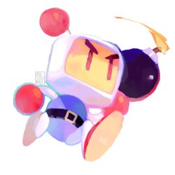  1boy antennae artist_name belt bluumi bomb bomberman carrying commentary english_commentary explosive full_body looking_to_the_side male_focus running serious signature solo transparent_background white_bomberman |_| 