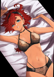  absurdres ahoge alternate_costume armpits black_hairband blue_eyes blush breasts breasts_apart choker collarbone commentary_request female gundam gundam_suisei_no_majo hairband highres lingerie long_hair looking_at_viewer low_ponytail lying medium_breasts navel on_back parted_lips red_hair saco_(cgmore) sheet_grab solo stomach suletta_mercury swept_bangs thick_eyebrows underwear 