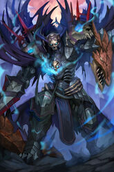  1boy armor black_cloak black_sclera blue_eyes breastplate cape cloak colored_sclera disembodied_head dragon fate/grand_order fate_(series) full_armor full_body gauntlets glowing glowing_eyes gradient helmet highres holding holding_head holding_sword holding_weapon horns king_hassan_(fate) long_sleeves looking_at_viewer male_focus mask pauldrons shoulder_armor shousuke_(skirge) skull skull_mask solo spikes standing sword weapon 