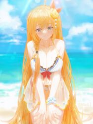  ahoge beach blurry blurry_background bracelet breasts cleavage closed_mouth collarbone day feet_out_of_frame female flower hair_flower hair_ornament hands_on_own_legs highres jewelry large_breasts long_hair looking_at_viewer orange_hair outdoors pecorine_(princess_connect!) pecorine_(summer)_(princess_connect!) princess_connect! scrunchie smile solo sonchi standing swimsuit v_arms very_long_hair water wet wrist_scrunchie 