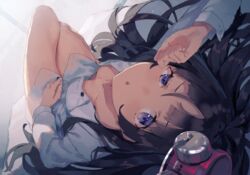  black_hair blunt_bangs breasts buttons downblouse female long_hair long_sleeves looking_at_viewer lying no_bra on_back open_mouth original purple_eyes shirt small_breasts waking_up white_shirt yasumo_(kuusouorbital) 