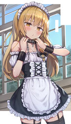  absurdres alternate_costume apron bare_shoulders black_collar black_dress black_thighhighs blonde_hair blush breasts chains collar cuffs day dress enmaided female frilled_apron frills highres isemori kirisame_marisa long_hair looking_at_viewer maid maid_headdress small_breasts solo standing thighhighs touhou window yellow_eyes 