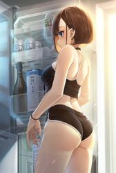  ass beer beer_can bottle collar crop_top ear_piercing earrings english_text enpera_(jdud8375) expressionless fridge gradient_eyes holding_bottle japanese_text light_rays milk milk_carton short_hair short_shorts sneaking tabasco text thick_thighs wasabi water_bottle wide_hips 