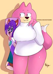  10:16 1girl 2021 2021s anthro blush body_pillow breasts cat_ears cat_girl cat_tail catgirl choo-choo_(top_cat) clothed clothing clothing_lift domestic_cat fangs felid feline felis female fur genitals half-closed_eyes hanna-barbera hi_res jellystone_(hbo_max) looking_at_viewer mammal miiyauwu narrowed_eyes pillow pink_body pink_eyes pink_fur rizkitsuneki rule_63 shirt smile solo top_cat_(series) topwear 