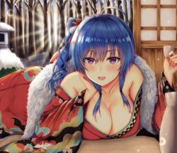  :d ahoge azur_lane bare_shoulders blush bottle breasts buran_(22x) cleavage collarbone commentary_request cup female flower fur_collar hair_between_eyes hair_flower hair_ornament highres holding holding_cup indoors japanese_clothes kimono large_breasts long_hair long_sleeves lying off_shoulder official_alternate_costume on_stomach open_mouth red_flower red_kimono sake_bottle sidelocks smile snow solo st._louis_(azur_lane) st._louis_(spirits_in_the_snow)_(azur_lane) tree wide_sleeves 