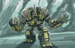  city clenched_hand clenched_hands drago-the-dark-klown drill fighting_stance full_body glowing glowing_eyes highres horns karmatron_y_los_transformables mace mecha photoshop_(medium) redesign robot ruins science_fiction shadow single_horn smoke spiked_mace spikes unicorn_(karmatron) weapon yellow_eyes 