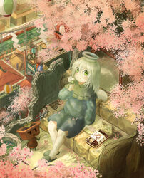  :t absurdres angel angel_wings architecture arm_up blue_skirt blue_sweater broken_wall canal capelet cherry_blossoms commentary_request dango east_asian_architecture ekaapetto female food green_eyes green_footwear hair_between_eyes halo hanami highres holding holding_food lantern long_sleeves looking_at_viewer medium_hair original outdoors paper_lantern photoshop_(medium) planter plump power_lines railing rope sanshoku_dango scenery shide shimenawa sitting skewer skirt slippers solo sweater town tsukumogami utility_pole wagashi white_hair wings 