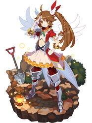  ahoge armor armored_dress braid brooch brown_eyes brown_hair female full_body gloves greaves grin hand_on_own_hip harada_takehito head_wings hildr_(yurudorashiru) jewelry lantern long_hair looking_at_viewer makai_wars official_art pantyhose red_pantyhose shovel side_ponytail skirt smile solo standing third-party_source white_gloves white_skirt white_wings wings yurudorashiru 