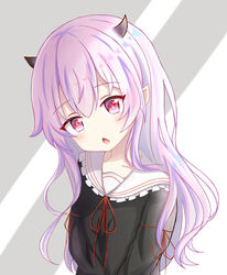  black_shirt blush borrowed_character character_request collarbone commentary_request female hair_between_eyes head_tilt horns long_hair looking_at_viewer oerba_yun_fang original parted_lips pink_hair pointy_ears red_eyes red_ribbon ribbon sailor_collar satori_(ymoy) school_uniform serafuku shirt sidelocks solo upper_body very_long_hair white_sailor_collar 