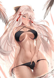  absurdres ahoge ass_visible_through_thighs bare_shoulders bikini black_bikini black_bow bow breasts cleavage collarbone commentary dark-skinned_female dark_skin fate/grand_order fate_(series) female fingernails hair_between_eyes hair_ornament hairbow half_updo halterneck has_bad_revision has_downscaled_revision highres large_breasts limeblock long_hair looking_at_viewer md5_mismatch navel okita_souji_(fate) okita_souji_alter_(fate) parted_lips resolution_mismatch side-tie_bikini_bottom skindentation solo source_smaller standing string_bikini swimsuit tassel very_long_hair wading water wet white_hair yellow_eyes 