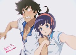  1boy absurdres artist_name black_hair blue_eyes blush chama_kou commentary_request female highres kuromukuro official_style ouma_kennosuke_tokisada ponytail red_eyes school_uniform selfie shirahane_yukina shirt short_hair 