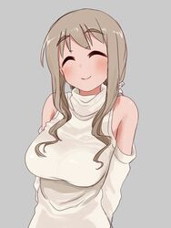  arms_behind_back bad_id bad_twitter_id bare_shoulders blush brown_eyes brown_hair closed_eyes closed_mouth commentary_request detached_sleeves female grey_background halterneck long_hair looking_at_viewer matsumoto_yoriko scrunchie shirt simple_background smile solo standing sutochan turtleneck upper_body white_shirt yuyushiki 