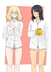  2girls adjusting_shirt andou_(girls_und_panzer) black_hair black_panties brown_eyes closed_mouth commentary cowboy_shot cup dark-skinned_female dark_skin dress_shirt girls_und_panzer grey_panties highres holding holding_cup kani_aruki_(bucket_crawl) long_sleeves looking_at_another looking_at_viewer medium_hair messy_hair mug multiple_girls no_pants oshida_(girls_und_panzer) outside_border panties shirt standing unbuttoned underwear white_shirt 