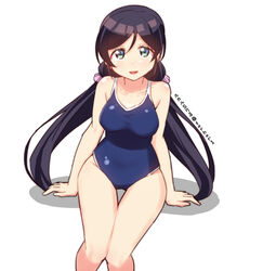  :d aqua_eyes artist_name black_hair blue_eyes commentary_request competition_school_swimsuit female korean_commentary long_hair love_live! love_live!_school_idol_project one-piece_swimsuit open_mouth pink_scrunchie school_swimsuit scrunchie simple_background sitting skull573 smile solo swimsuit tojo_nozomi twintails twitter_username white_background 