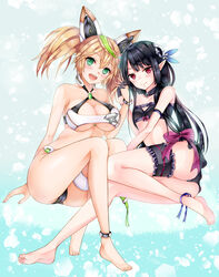  2girls :d absurdres anette_(pso2) anklet arm_support ass bad_id bad_pixiv_id bare_shoulders barefoot bikini black_bikini black_hair blonde_hair breasts cleavage_cutout clothing_cutout collarbone detached_collar frills full_body gene_(pso2) green_eyes green_hair hair_between_eyes hair_ornament hairclip headgear highres holding_hands interlocked_fingers jewelry large_breasts long_hair long_sleeves looking_at_viewer midriff multicolored_hair multiple_girls open_mouth phantasy_star phantasy_star_online_2 pointy_ears red_eyes sitting small_breasts smile soles streaked_hair swimsuit thigh_gap thighs toes twintails two-tone_hair underboob yoshida_iyo 