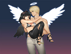  1boy angel angel_and_devil bikini bikini_top_only black_hair black_pants black_wings bling_(wnsdud34) blonde_hair breasts carrying chain_necklace chains commentary_request commission demon_girl demon_horns female halo high_heels horns jewelry large_breasts leather leather_pants long_hair looking_at_another looking_away mabinogi mabinogi_heroes muscular necklace original pants photoshop_(medium) player_character_(mabinogi_heroes) princess_carry red_eyes sandals smile strappy_heels swimsuit topless traditional_halo wavy_mouth white_pants white_wings wings 