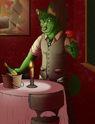  alcohol amixeduppuppy anthro ass beverage biped bottle bucket candle canid canine chair clothed clothing container drugs flower fur furniture green_body green_fur ice ice_bucket inside looking_at_viewer male mammal necktie offering_flower pipe plant romantic romantic_ambiance rose_(flower) smile smoking solo standing table topwear vest wine 