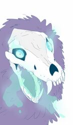  ambiguous_gender black_body black_fur blue_eyes bone canid canine fog foundationdown_(artist) fur glowing glowing_eyes malo mammal open_mouth scp-1471 scp-1471-a scp_foundation skull solo undead 