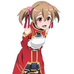  armor black_skirt black_thighhighs breastplate brown_hair commentary_request female hair_ornament hair_ribbon leaning_forward looking_at_viewer open_mouth pleated_skirt red_eyes red_ribbon ribbon short_hair short_twintails silica simple_background skirt solo spiceg sword_art_online thighhighs twintails white_background 