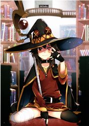  absurdres bandaged_leg bandages belt black_gloves black_hair black_thighhighs blush breasts brown_hair cape dress female fingerless_gloves gloves hat hatsuko highres kono_subarashii_sekai_ni_shukufuku_wo! library looking_at_viewer megumin official_art open_mouth red_eyes short_hair single_thighhigh sitting smile solo staff thighhighs wariza witch_hat 