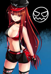  alternate_costume bikini bikini_top_only black_gloves bracelet breasts choker cleavage commentary_request crimson_avenger_(elsword) elesis_(elsword) elsword female gloves hat highres jewelry long_hair looking_at_viewer low-tied_long_hair medium_breasts navel parted_lips peaked_cap red_hair short_shorts shorts solo spiked_bracelet spikes suspender_shorts suspenders swimsuit thighhighs two-tone_bikini very_long_hair yellow_eyes zetsuei_(zetto) 