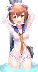  arms_up bag binoculars blush boruhis breasts brown_hair buttons collarbone commentary_request cowboy_shot dress eyebrows female hair_between_eyes handbag highres holding holding_binoculars kantai_collection long_sleeves looking_at_viewer necktie open_mouth sailor_dress short_hair simple_background small_breasts solo standing wading water wet wet_clothes wet_dress wet_hair white_background yellow_eyes yellow_necktie yukikaze_(kancolle) 