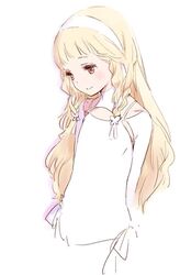  artist_request blonde_hair braid character_request cowboy_shot female flat_chest light_smile long_hair looking_away orange_eyes smile solo white_background white_clothes 