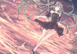  acute_(vocaloid) bad_id bad_pixiv_id black_dress closed_eyes cloud dress dutch_angle female floating_hair green_hair hatsune_miku innocent_(module) long_hair ocean project_diva_(series) project_diva_f skirt_hold solo sun_(sunsun28) sunset twintails very_long_hair vocaloid 