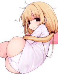  ass blonde_hair female futaba_anzu idolmaster idolmaster_cinderella_girls long_hair looking_at_viewer looking_back lying moru_(monaka) no_pants on_side panties shirt solo t-shirt underwear white_background white_panties 