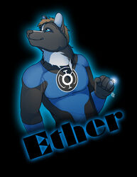  amixeduppuppy anthro blue_lantern canid canine clothed clothing dc_comics english_text green_lantern_(series) male mammal power_ring simple_background smile solo superhero text 