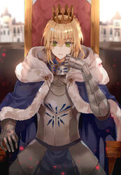  armor artoria_pendragon_(fate) b_rock bad_id bad_pixiv_id blonde_hair blue_cape blurry blurry_background breastplate cape commentary_request crown depth_of_field fate/stay_night fate_(series) faulds female fur_trim gauntlets gorget green_eyes highres hood hood_down hooded_cape light_particles looking_at_viewer parted_lips plate_armor saber_(fate) sitting solo throne 