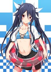  bikini bikini_top_only black_hair blue_bikini brown_eyes checkered_background collarbone commentary_request eyebrows female flat_chest hair_ribbon highres innertube long_hair looking_at_viewer open_clothes open_shirt ore_twintail_ni_narimasu pleated_skirt ribbon see-through shirt skirt solo swim_ring swimsuit tsube_aika twintails white_ribbon white_shirt yuto_(dialique) 